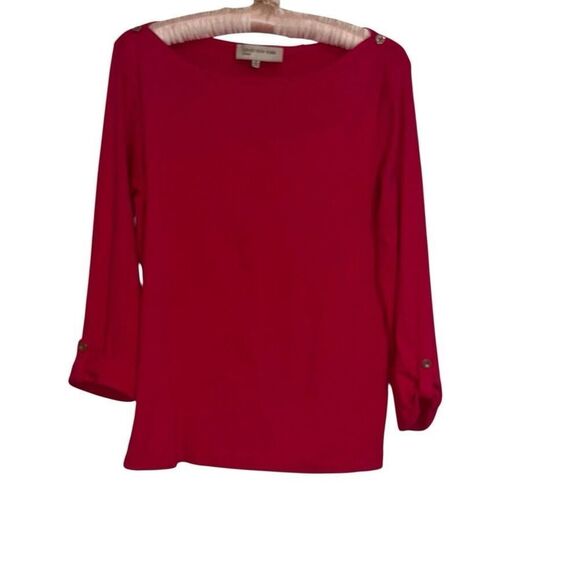 Jones New York Red Boat Neck Button Roll Tab Sleeves Top Ladies Size Medium - Picture 1 of 10